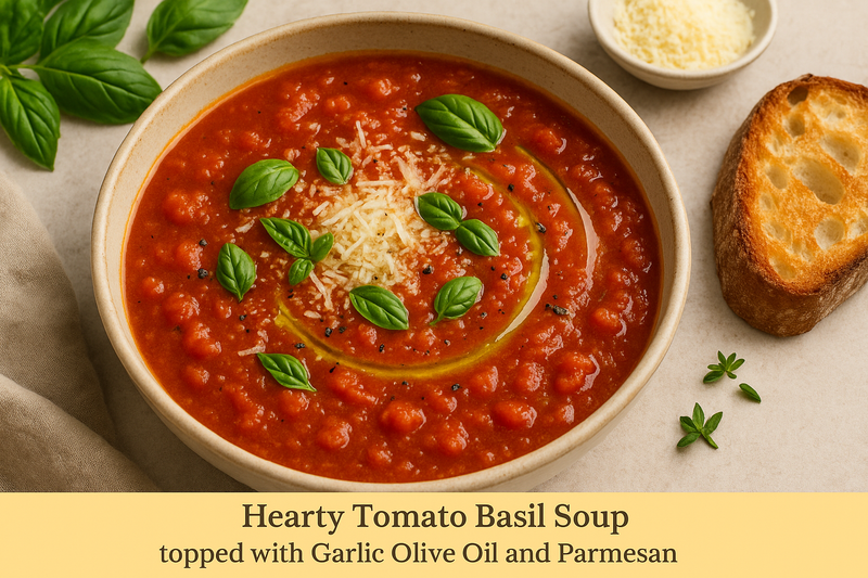 Hearty Tomato Basil Soup topped with Garlic Olive Oil and Parmesan