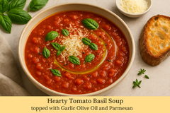 Hearty Tomato Basil Soup topped with Garlic Olive Oil and Parmesan